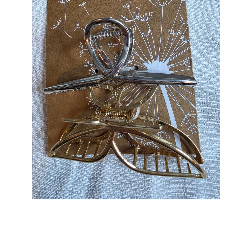 Set of 2 Heavy Duty Metal Hair Claw Clips Gold Butterfly & Silver Loop